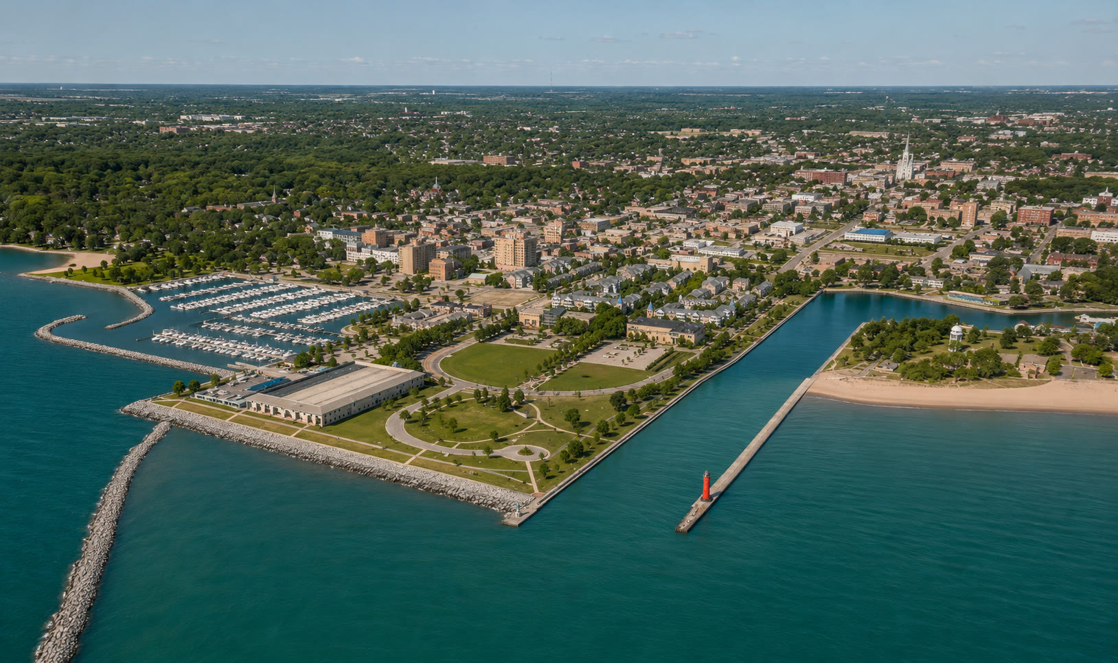 Aerial view of the Kenosha harbor and lakefront